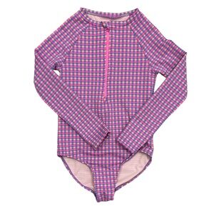 Paisley Lane Girls Rashguard One Piece Swimsuit Long Sleeve Pink Check Size 7